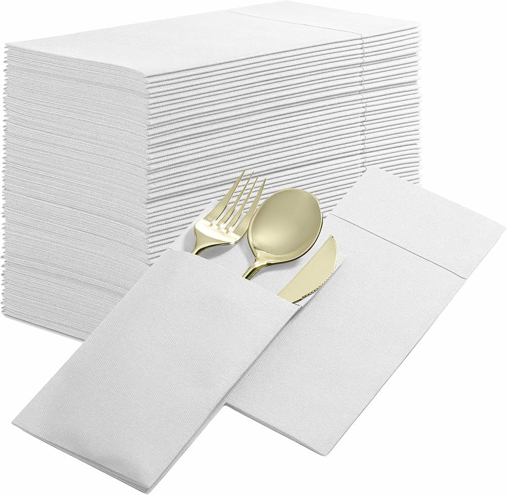 50-Pack Disposable Linen-Feel Dinner Napkins with Built-in Flatware Pocket, WHITE Prefolded Cloth... | Amazon (US)