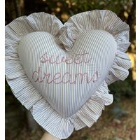 Beige Stripe Cotton Heart Ruffled Cushion | Etsy (US)