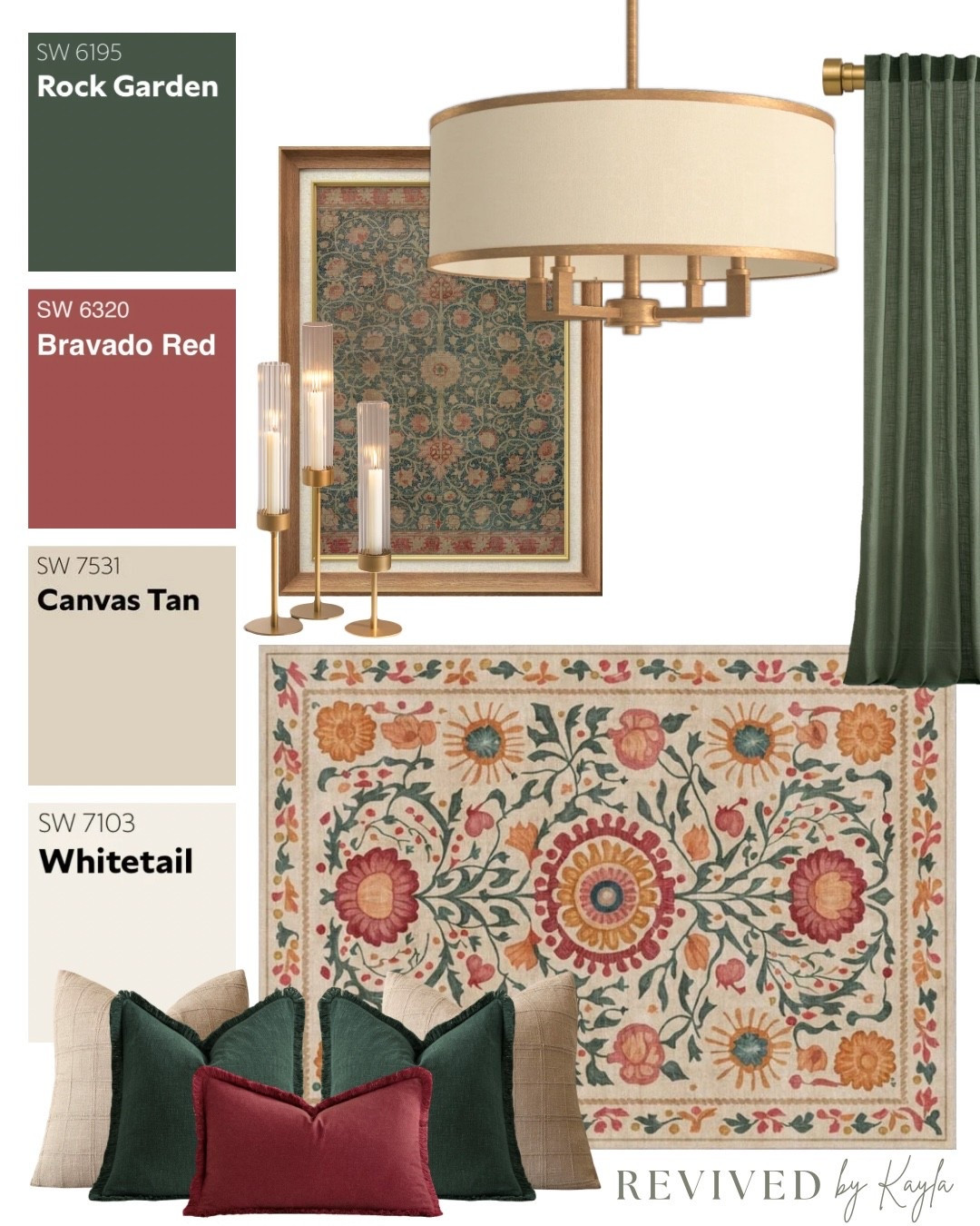 Red and green room design mood board 🥀🌿

#homedesign #home #decor #inspo #moodboard #roomdecor #pillows #rug #modern #traditional #green #red #bedroom #livingroom #gold 