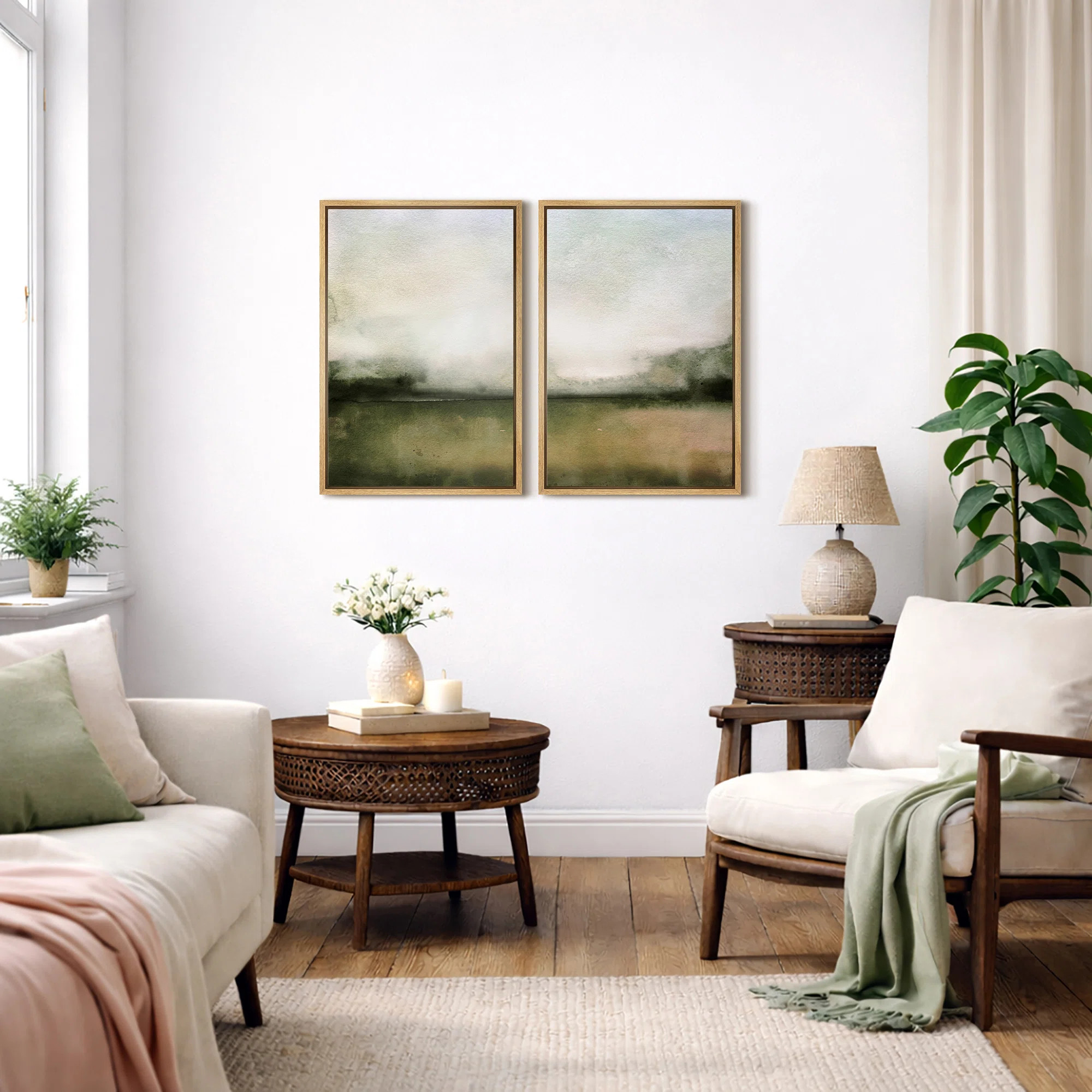 Minimal Landscape "Muted Green Watercolor Artwork, Classic Simple Minimalist Wall Pictures, Frame... | Wayfair North America