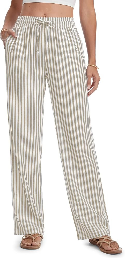 SEVEGO Tall Women 32"/34"/36" Inseam Striped Linen Pants Elastic Waist Wide Leg Pants Casual Summ... | Amazon (US)