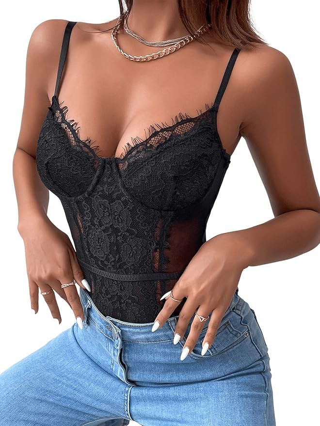SheIn Women's Sheer Mesh Sleeveless Floral Lace Spaghetti Strap Cami Bodysuit Tops | Amazon (US)