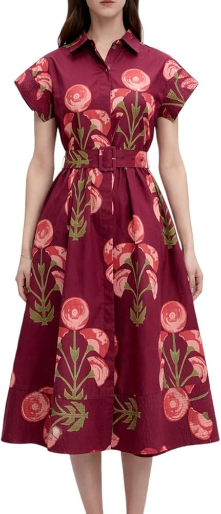 Women Summer Dresses 2026 Casual Wing Short Sleeve Button Down Midi Dress Floral Long Dress with ... | Amazon (US)