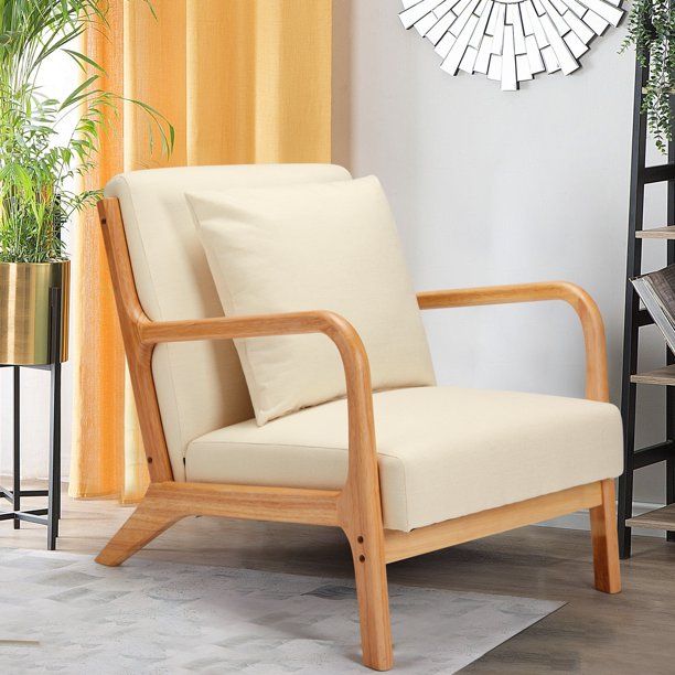 YODOLLA Mid-Century Accent Chair Fabric Arm Chair for Living Room, Beige - Walmart.com | Walmart (US)