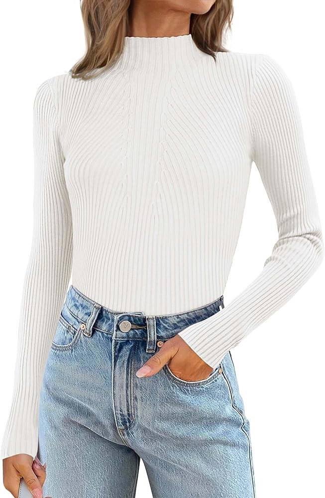 ATHMILE Women's 2025 Fall Long Sleeve Pullover Ribbed Knit Sweater Low Mock Neck Slim Fit Basic C... | Amazon (US)