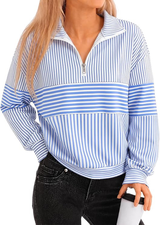 Fisoew Womens Quarter Zip Color Block Sweatshirt Long Sleeve Striped Half Zip Pullover Casual Ove... | Amazon (US)