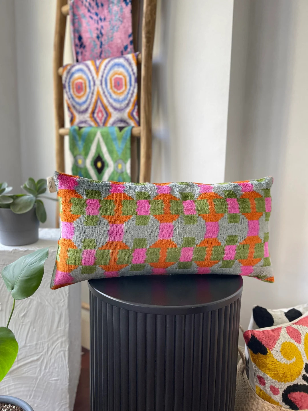 Green Orange Pink Lumbar Velvet Pillow,12x24 Colorful ikat Lumbar Cushion Cover,Lumbar Throw Pill... | Etsy (US)