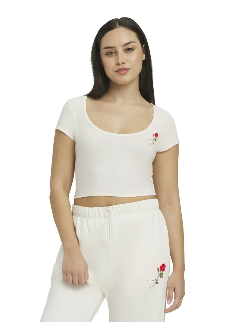 Mills by Millie Bobby Brown Women's Embroidery Ribbed Short Sleeve Crop T-Shirt, Sizes XXS-XXL | Walmart (US)