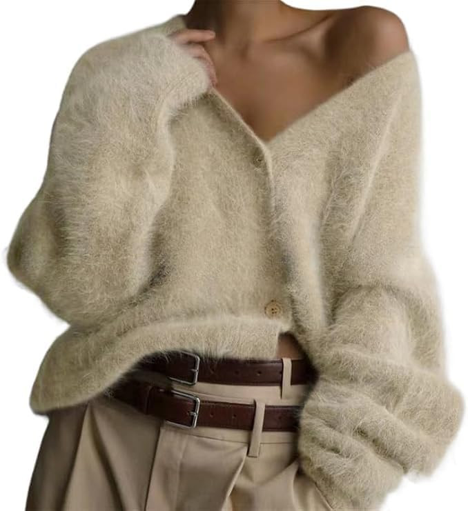 Womens Fuzzy Sweaters Cardigan V-Neck Button Down Oversized Mohair Sweater Casual Y2k 2025 Fall W... | Amazon (US)