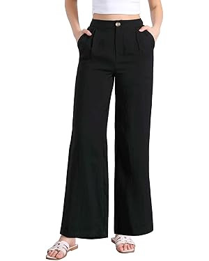 Allegra K Casual Linen Pants for Women Wide Leg High Waist Button Trousers with Pockets | Amazon (US)