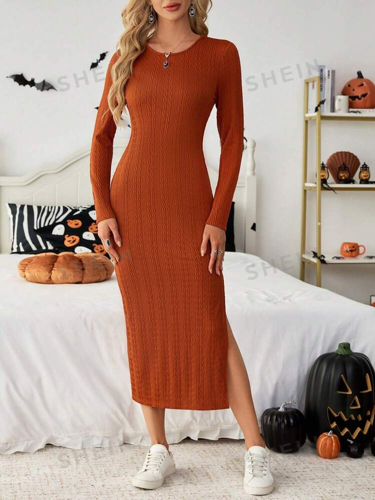 SHEIN Essnce Women Fall /Winter Casual  Burnt Orange Solid Split Thigh Bodycon Dress Round Neck L... | SHEIN