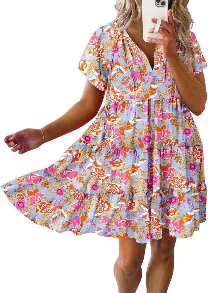 Dokotoo Womens Summer Casual Boho Floral Dresses V Neck Short Sleeve Sundresses Flowy Swing A-Lin... | Amazon (US)