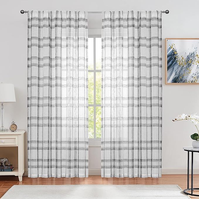 Randall Geometric Check Curtain Panel Pairs 84 Inches Long Linen Blend Semi-Sheer Backtab Rod Poc... | Amazon (US)
