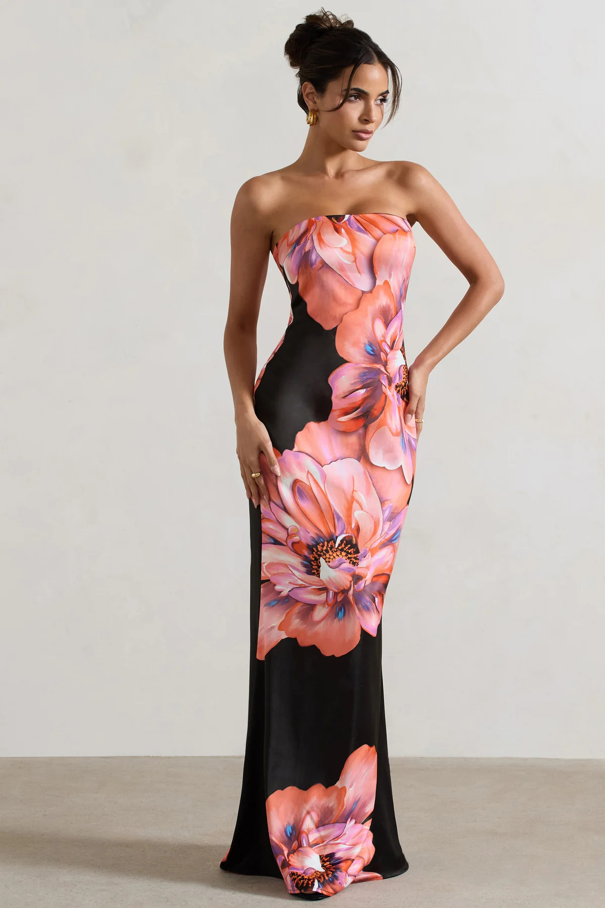 Sofiane | Black & Pink Floral Print Bandeau Maxi Dress | Club L London