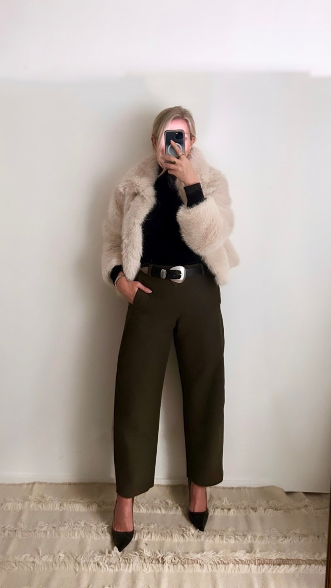 Autumn outfit | faux fur jacket | olive green barrel trousers | ankle boots | statement belt

#LTKstyletip #LTKover50style #LTKuk