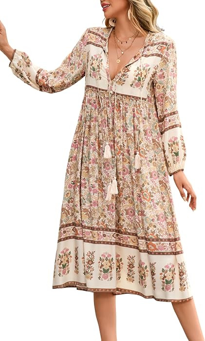 R.Vivimos Women's Long Sleeve Floral V Neck Bohemian Midi Dress | Amazon (US)