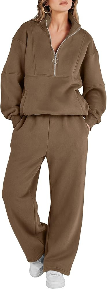 ANRABESS Women 2 Piece Outfits Sweatsuit Set 2023 Fall Oversized Half Zip Sweatshirt Wide Leg Swe... | Amazon (US)