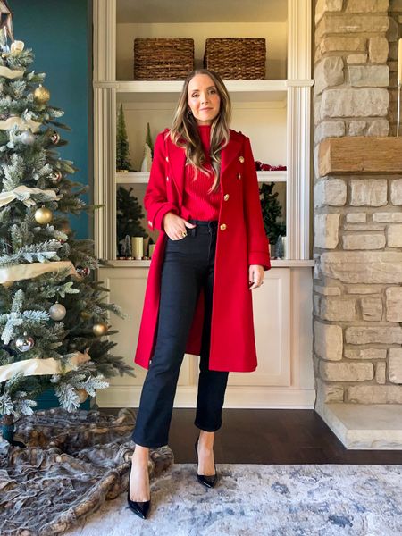 @nordstrom holiday style with red sweater + classic coat + black jeans for festive style #nordstrom #nordstrompartner

#LTKHoliday #LTKstyletip #LTKSeasonal