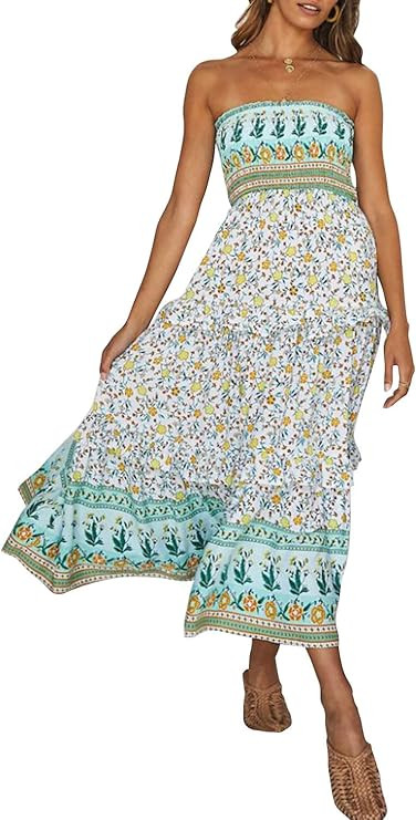 ZESICA Women's Summer Boho Strapless Maxi Dress 2026 Casual Off Shoulder Smocked Flowy A Line Bea... | Amazon (US)