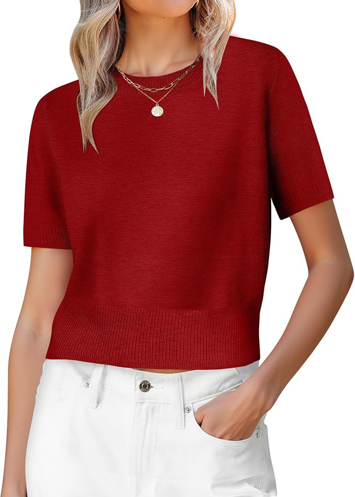 ANRABESS Womens Short Sleeve Sweaters Cropped Crew Neck Business Casual Lightweight Sweater Tops ... | Amazon (US)