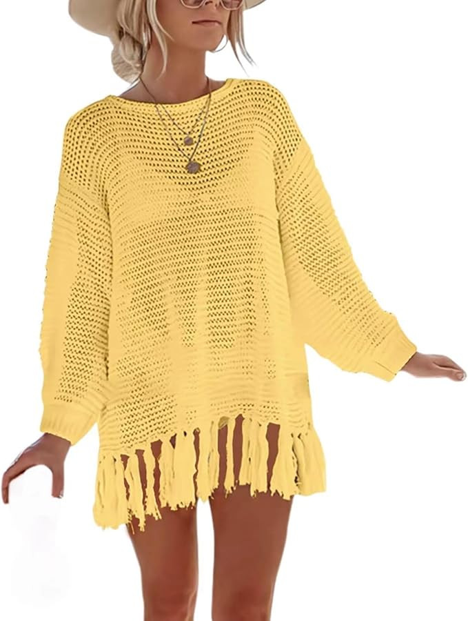 ENOPINK Women Swimsuit Cover Up Summer Crochet Bathing Suit Swimwear 2024 Knit Pullover Beach Dre... | Amazon (US)