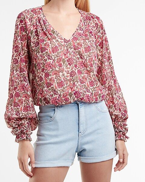 Floral Balloon Sleeve V-Neck Top | Express