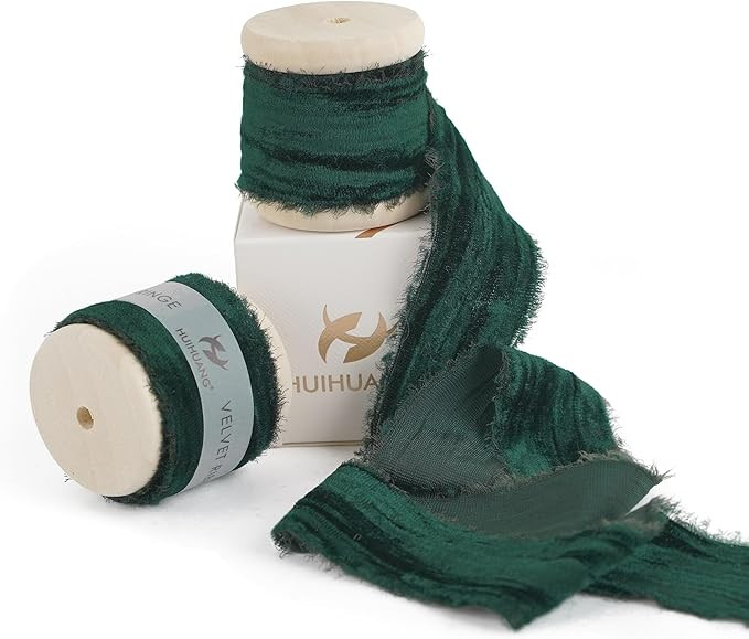 HUIHUANG Dark Green Velvet Ribbon 1 inch Frayed Velvet Ribbon Hunter Green Crinkled Silk Velvet R... | Amazon (US)