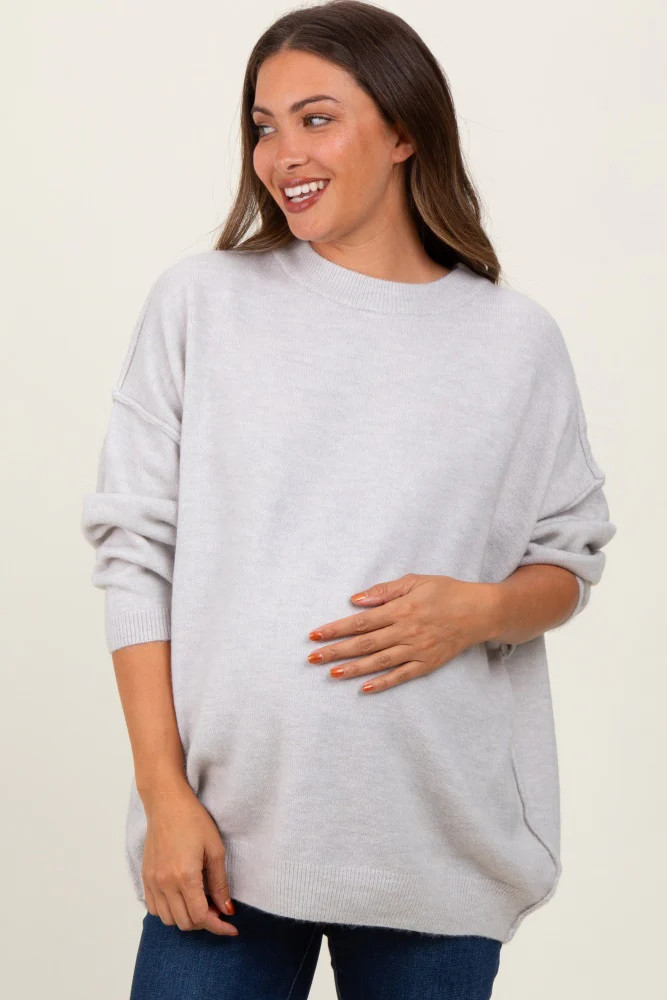 Light Grey Oversized Crewneck Melange Knit Maternity Sweater | PinkBlush Maternity