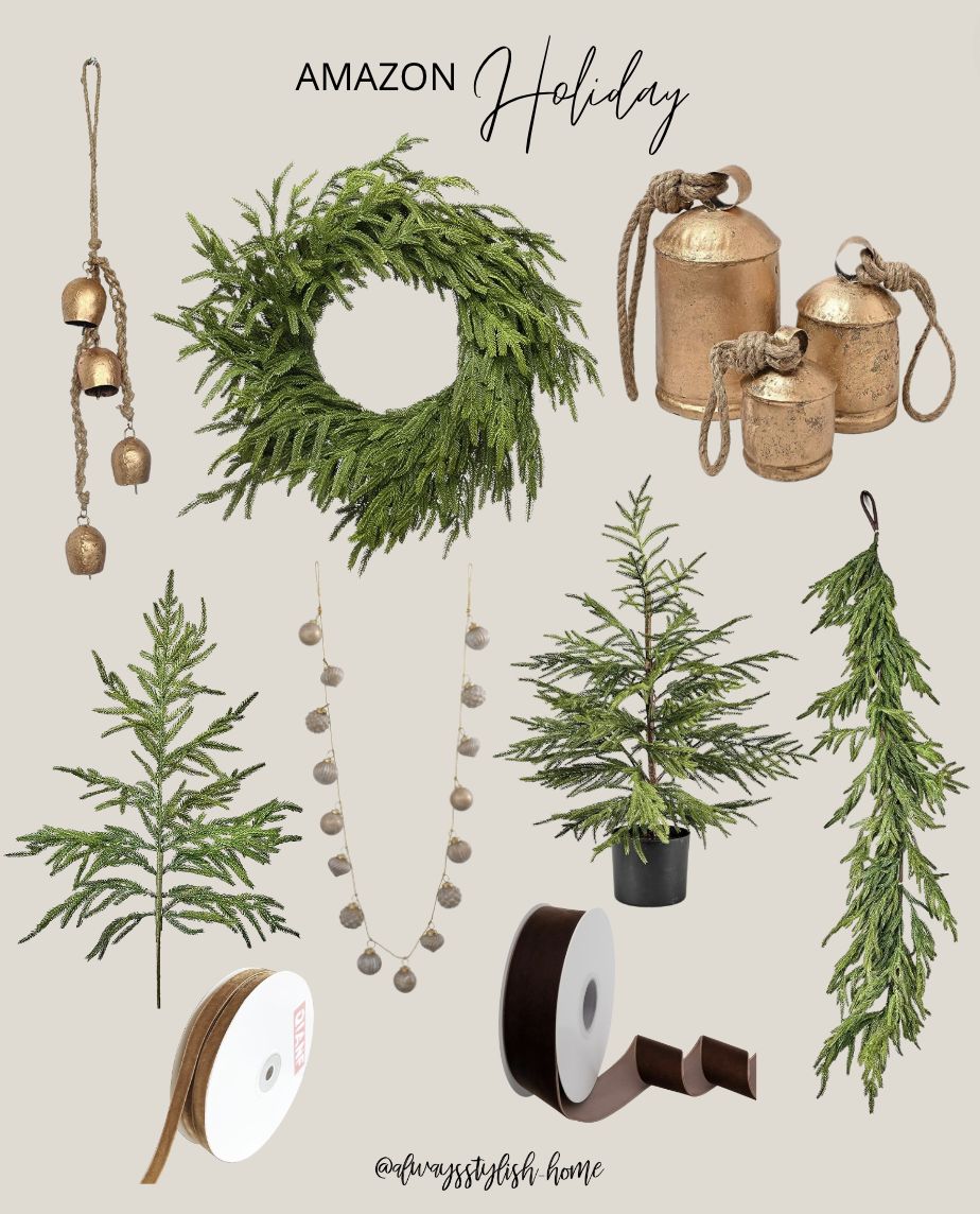 Holiday home decor, christmas decor, cedar stems, norfolk pine, garland, gold bells, ornament gar... | Amazon (US)