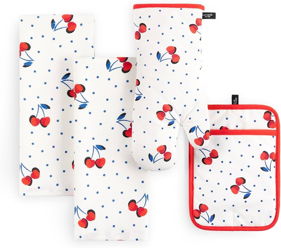 kate spade new york Cherry Dot Kitchen Towel, Oven Mitt & Pot Holder 4-Pack Set, 17" x 28", 7" x ... | Amazon (US)