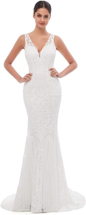 Women's V-Neck Sequins Sleeveless Lace-up Mermaid Evening Dress | Amazon (US)