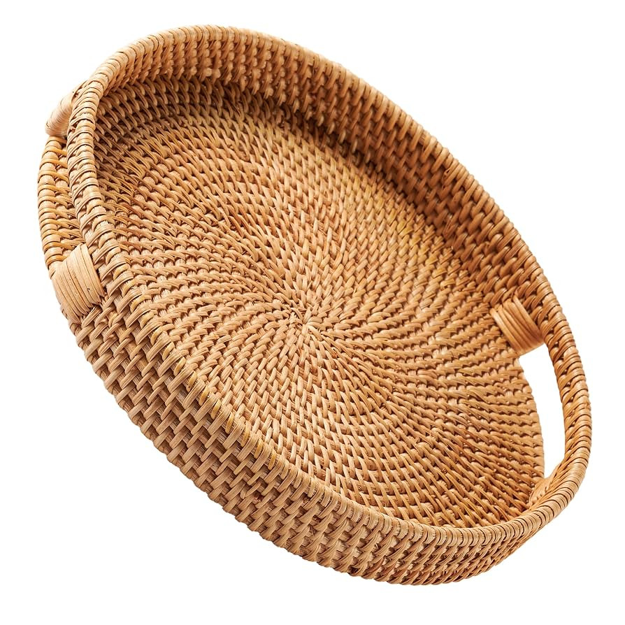 JUNGLE CULTURE Large Rattan Serving Tray 14" in Natural Honey • Round Table Basket • Wicker O... | Amazon (US)