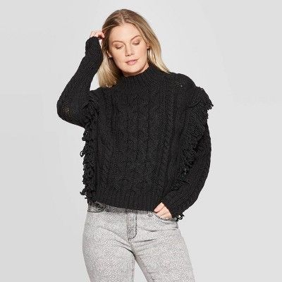 Women's Long Sleeve Mock Turtleneck Cable Fringe Pullover Sweater- Universal Thread™ | Target