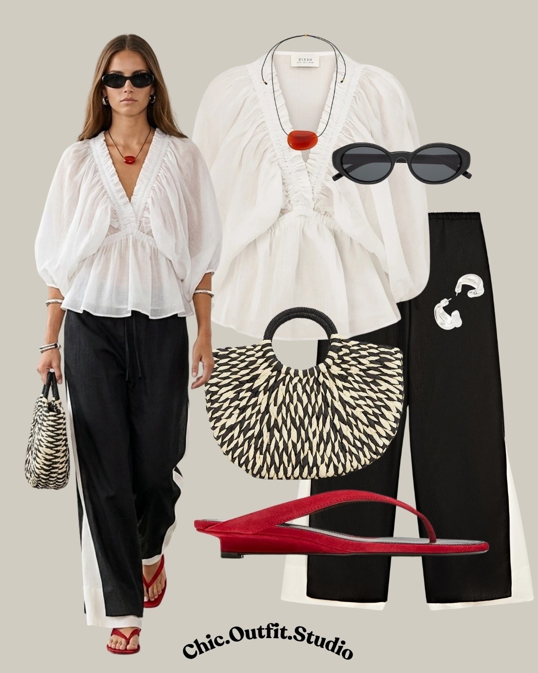 Effortless Black & White Summer Outfit with Airy White Blouse

✨A romantic white gathered blouse with voluminous sleeves pairs effortlessly with flowy black wide-leg pants for a timeless summer look. Finished with bold red flip-flops and matching red accessories, this outfit blends classic neutrals with a modern pop of color. Perfect for vacation strolls, brunch, city sightseeing, resort evenings, casual dinners, or elevated everyday wear.

✨Tags: white blouse outfit women, black wide leg pants outfit, black and white summer outfit, red sandals outfit, effortless summer style, European summer fashion, vacation outfit women, resort casual outfit, elegant everyday outfit, chic neutral outfit, minimalist summer wardrobe, woven tote bag outfit, classy vacation style

#LTKsummer #LTKbag #LTKshoes