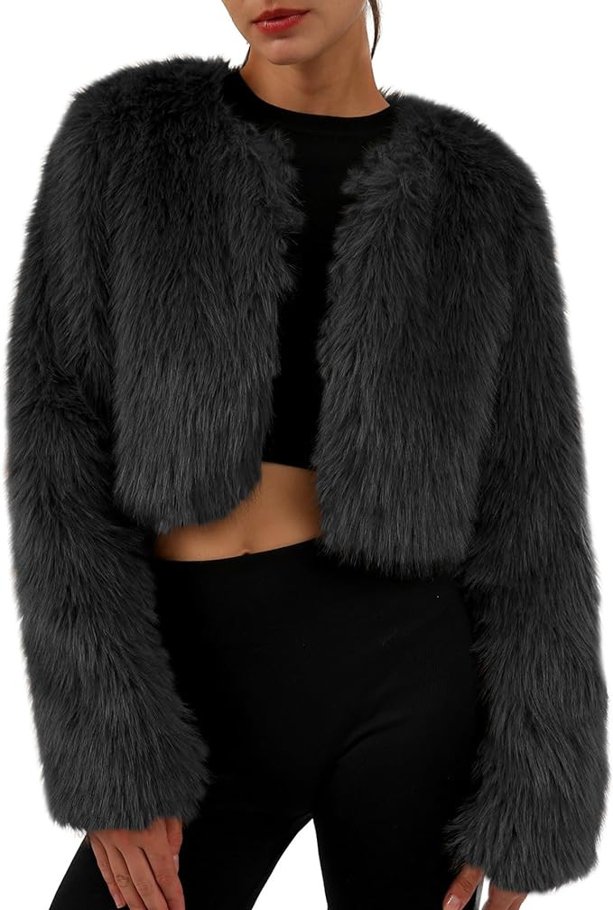 Amazhiyu Women's Faux Fur Cropped Coat Long Sleeve Open Front Winter Jacket | Amazon (US)