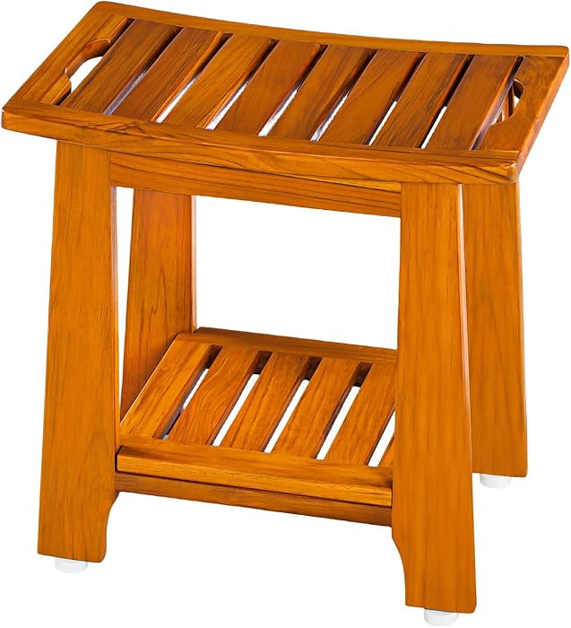 14" Compact Teak Shower Stool with Shelf & Handle - Waterproof, Non-Slip Bath Bench for Small Bat... | Amazon (US)