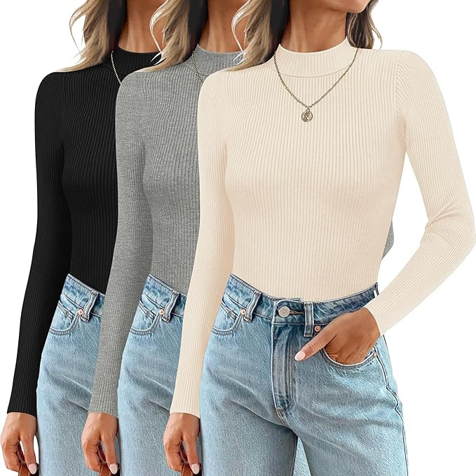 Ekouaer 3 Pack Mock Turtlenecks Tops for Women Long Sleeve Ribbed Shirts Thermal Slim Fit Lightwe... | Amazon (US)