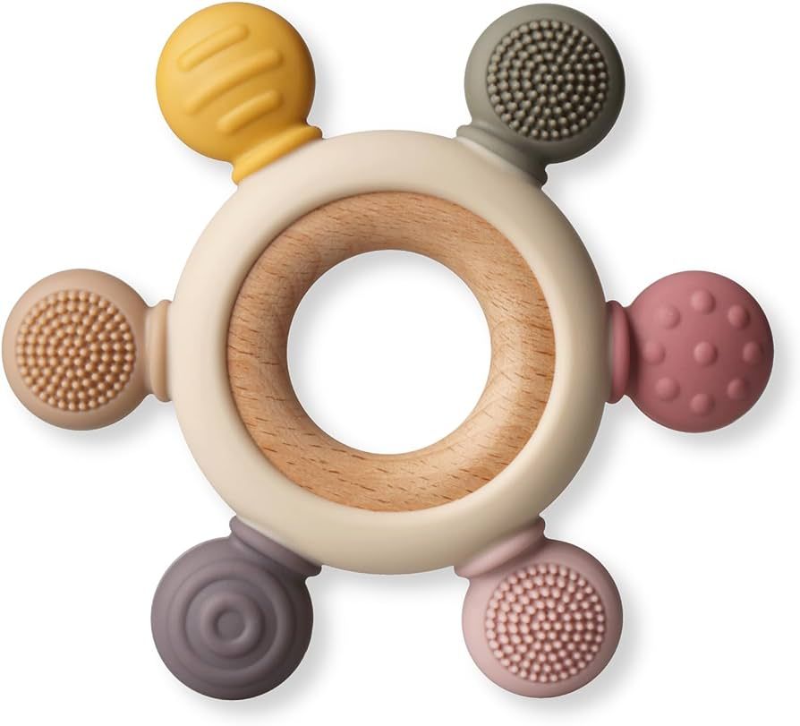 Baby Teething Toys, Silicone Chewable Toys with Organic Wooden Ring for Infants 3+ Months, Silico... | Amazon (US)