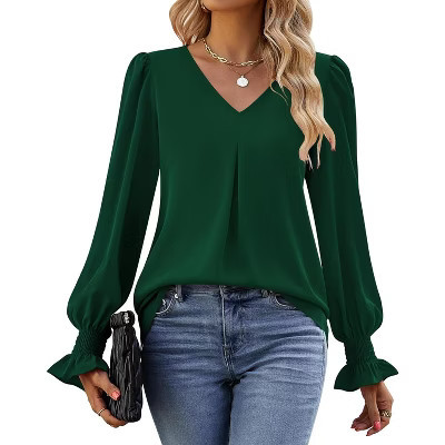 Women's Long Sleeve Tops Dressy Casual V Neck Tunic Shirts Loose Chiffon Work Blouse Green S | Target