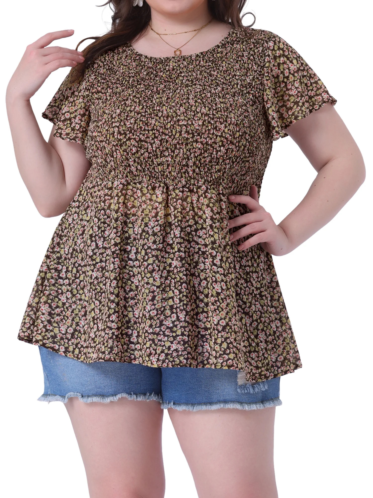 Agnes Orinda Plus Size Chiffon Blouses for Women Summer Flare Short Sleeve Smocked Ditsy Floral P... | Walmart (US)