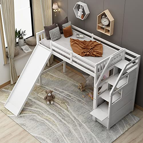 GLORHOME Full Size Wood Loft Bed with Built-in Storage Shelves and Long Desk, Full Length Safety ... | Amazon (US)