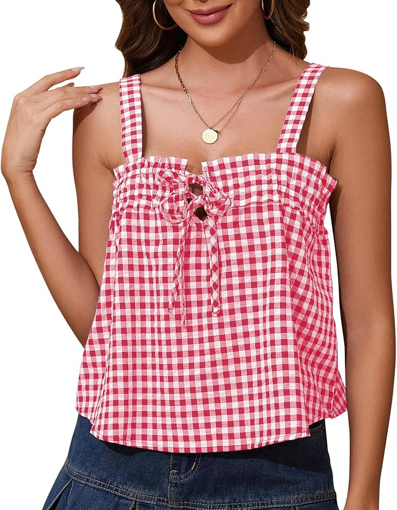 Women Gingham Plaid Tie Front Crop Tank Tops Y2K Cute Sleeveless Striped Flowy Summer Picnic Part... | Amazon (US)