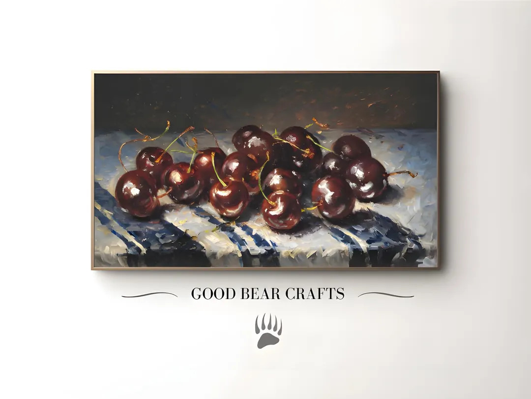 Moody Cherry Still Life Dark Red Fruit Wall Art Oil Painting Digital Download Kitchen Decor for S... | Etsy (US)