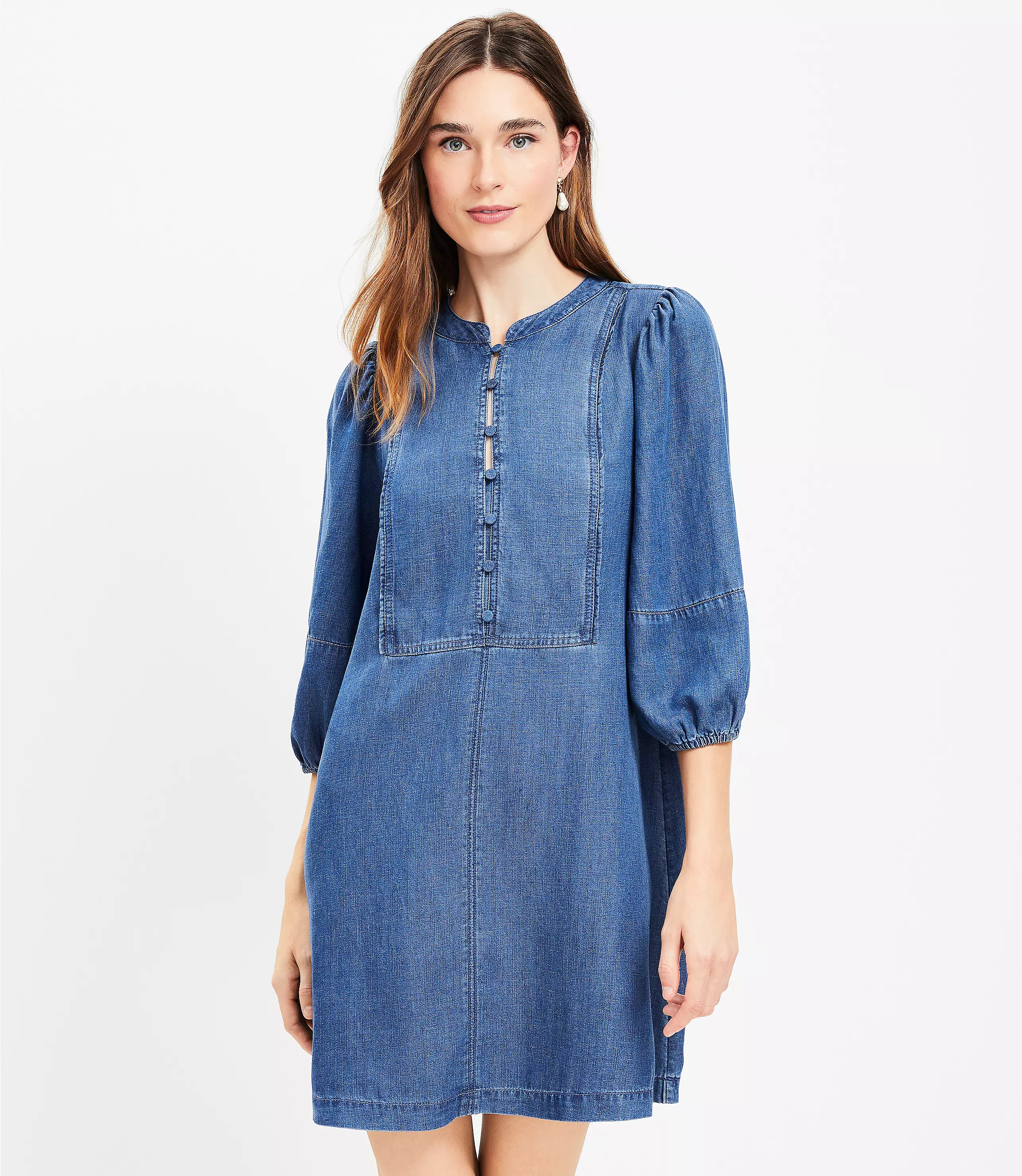 Chambray Balloon Sleeve Swing Dress | LOFT