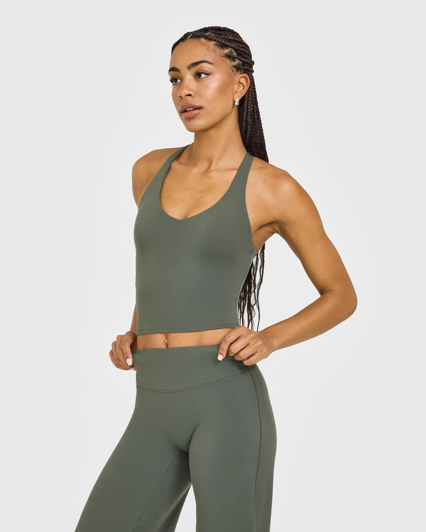 SoftMotion\u2122 Racer Back Mid Tank Top with Built in Bra Shelf with White Logo | Dark Khaki | Oner Active (UK / US)