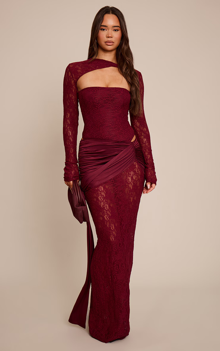 Dark Wine Lace Ruched Wrap Slinky Maxi Skirt | PrettyLittleThing UK