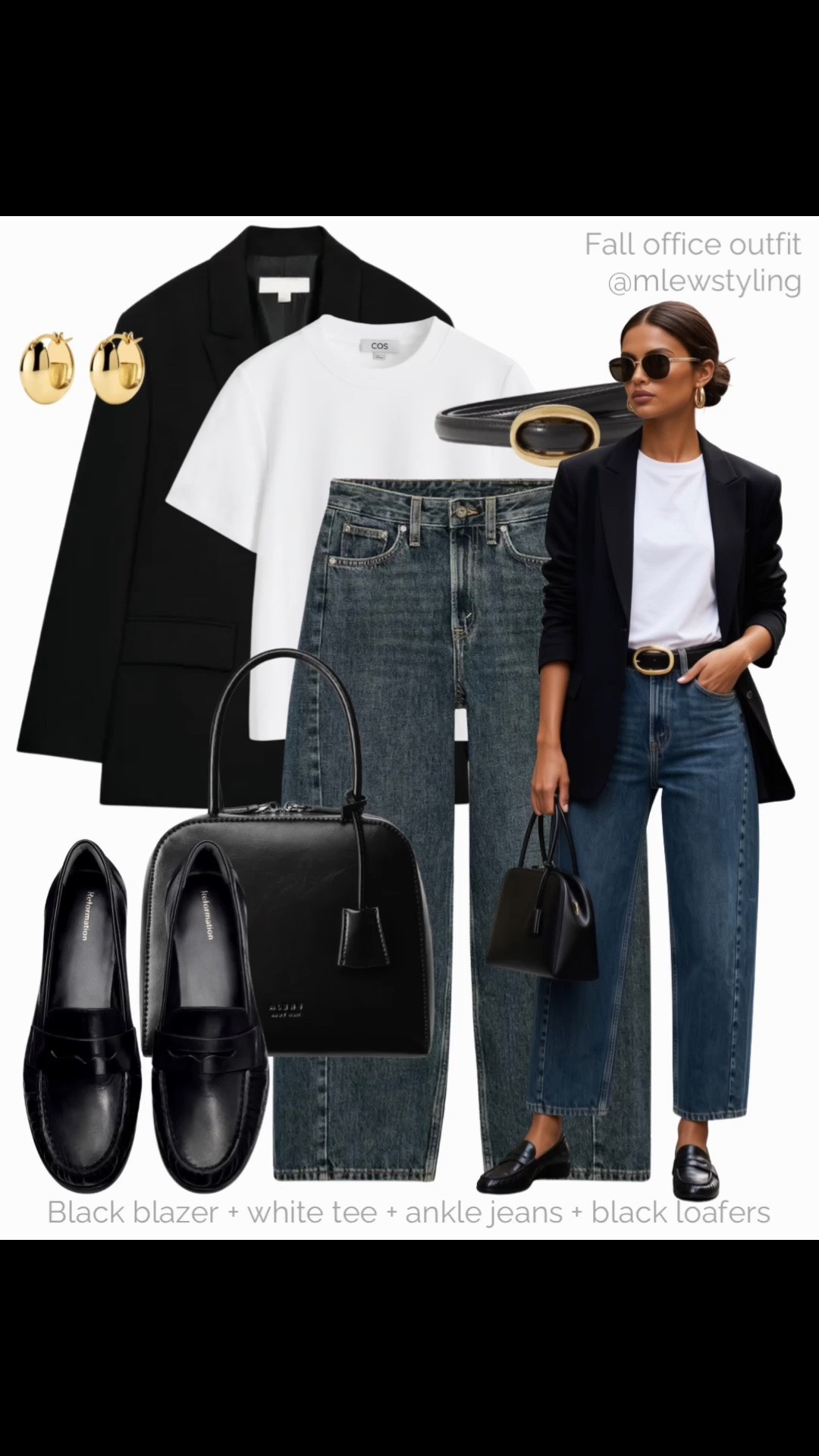 Fall office outfit 〰️

Tags: reformation black leather loafers, white tee, black blazer, Zara ankle jeans, freja black shoulder bag, ysl belt, gold hoop earrings, casual workwear, capsule wardrobe, autumn outfit formulas

#LTKfall #LTKworkwear #LTKshoes