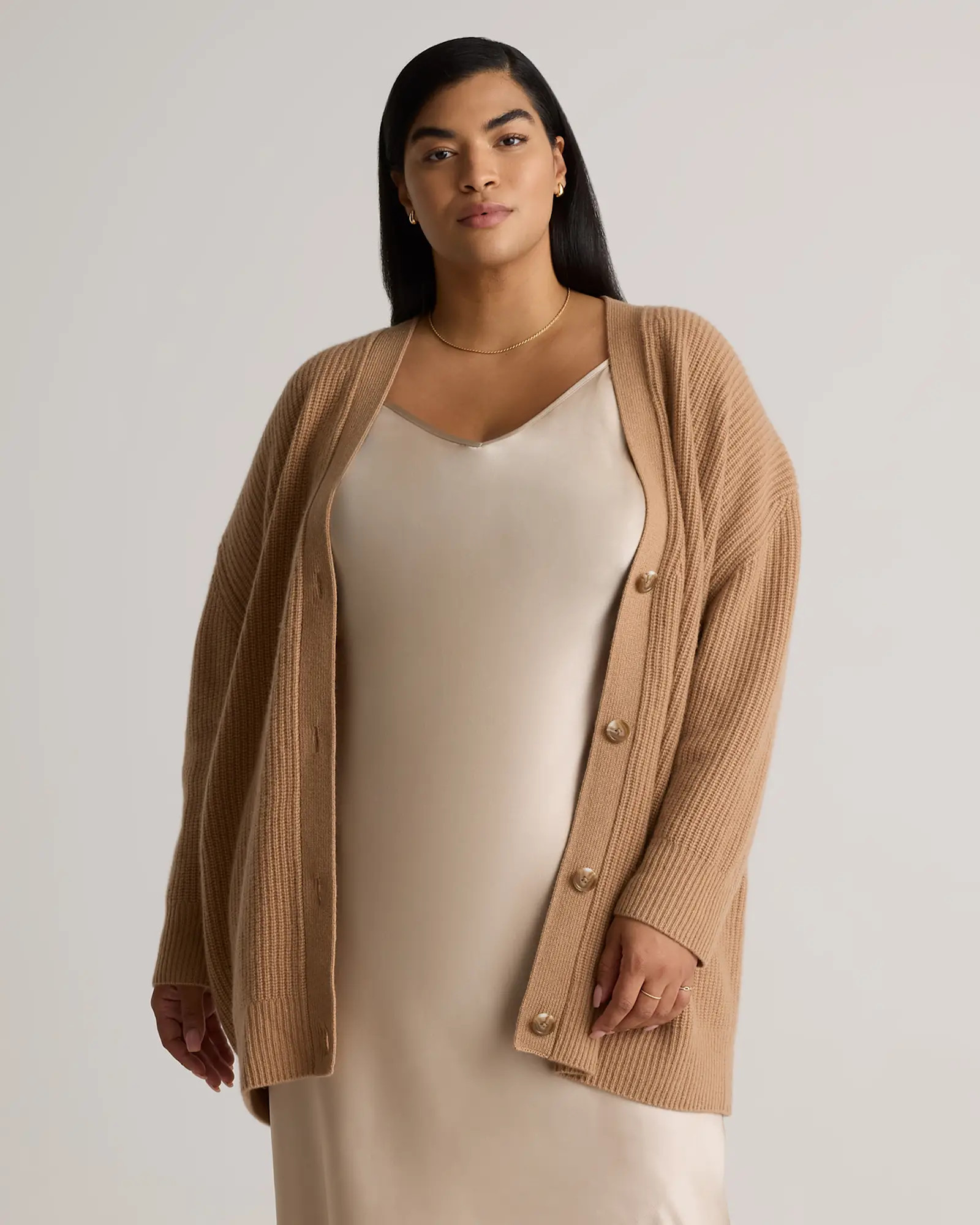 Mongolian Cashmere Oversized Boyfriend Cardigan Sweater - Plus Size in Camel | Quince
