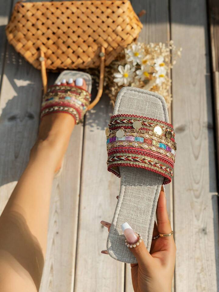 WRCVS Women Summer Flat Sandals With Chain Embroidery Sandals, Beige Flat Slippers Bohemian Retro... | SHEIN