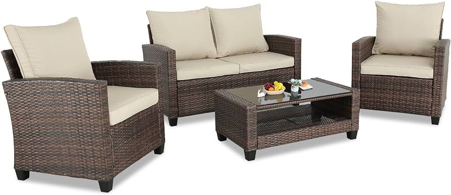 Amazon.com: Do4U 4 Pieces Patio Furniture Sets Outdoor Sectional Wicker Set Outdoor Conversation ... | Amazon (US)